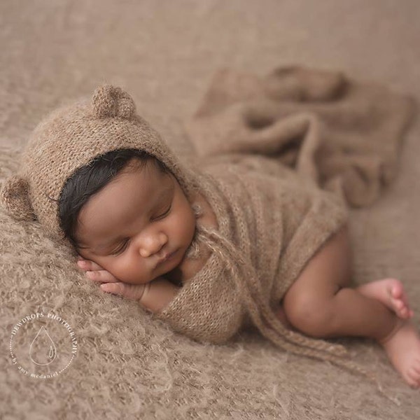 Knit alpaca wrap and bear bonnet set Newborn photo prop preorder UK seller long knit alpaca wrap newborn photography prop neutral textures