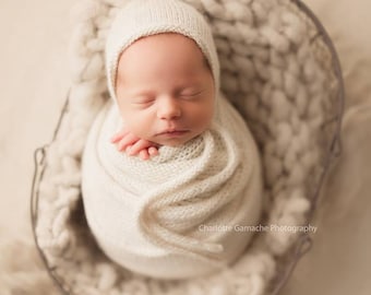 Long or extra long Knit alpaca wrap and knitted ties classic bonnet Newborn photo prop preorder soothing photography wrap prop