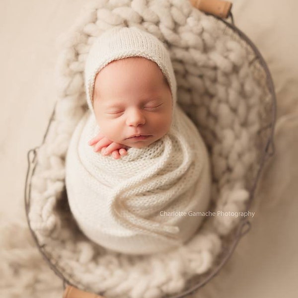 Long or extra long Knit alpaca wrap and knitted ties classic bonnet Newborn photo prop preorder soothing photography wrap prop