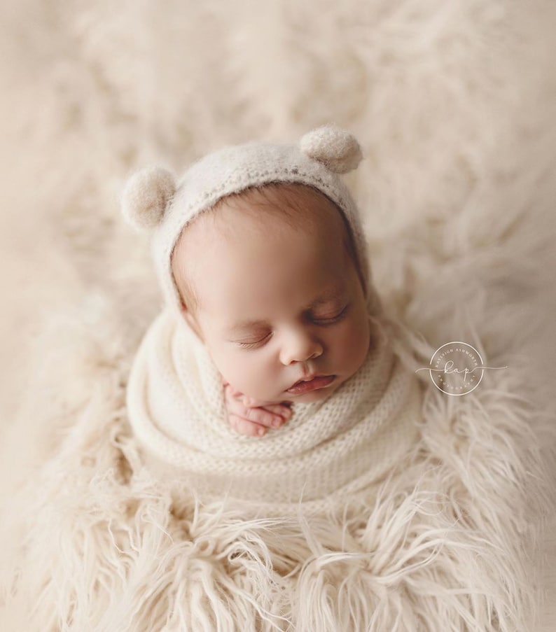 Knit alpaca wrap and bear bonnet set Newborn photo prop preorder UK seller long knit alpaca wrap newborn photography prop neutral textures image 6