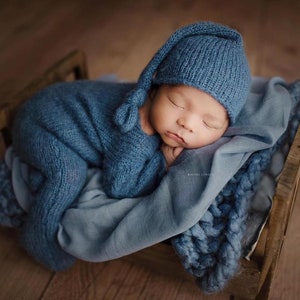 Knit footed romper + lace edge bonnet or sleepy hat Newborn photo prop long knit alpaca wrap newborn boy girl props classic bonnet