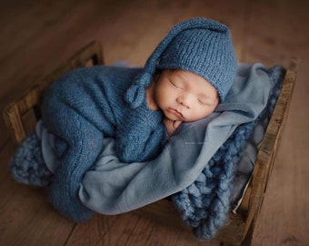 Knit footed romper + lace edge bonnet or sleepy hat Newborn photo prop long knit alpaca wrap newborn boy girl props classic bonnet