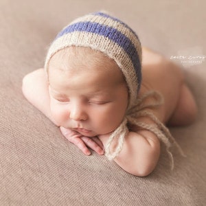 Knit stripey baby bonnet soft alpaca silk yarn stripey Baby boy photo prop choose your colors UK seller