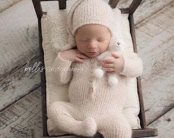 Knit footed romper + sleepy hat Newborn photo prop newborn boy girl props knit overalls UK seller beige white brown rust blue