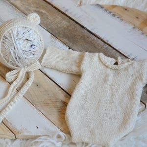 Alpaca knit long sleeve romper and matching knitted ties bear bonnet Newborn photo prop preorder 55 colours knit ties baby bonnet