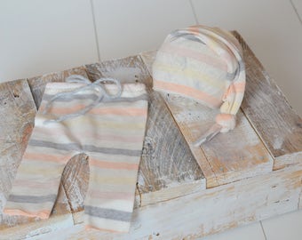 Newborn boy set of pants with matching sleepy hat Newborn Baby boy photo prop cream beige grey yellow stripes UK seller pastel stripes