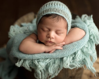 Long wrap Soft alpaca knit bonnet minty green with matching XL knit wrap set newborn photo prop baby boy or girl airy knit wrap