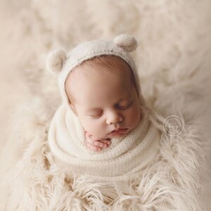 Knit alpaca bear bonnet and matching alpaca wrap Newborn photo prop preorder pastel muted colours UK seller Extra long photography wrap image 6