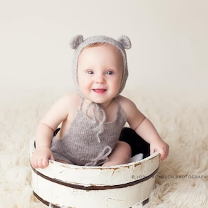 6-12 moths baby set romper and bear bonnet Toddler photography prop Sitter romper and bonnet with ears set Cake smash prop