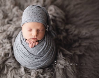 Grey textured fabric wrap, sleepy hat and knot headband RTS soft stretch jersey fabric newborn photo prop