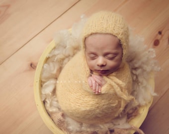 Newborn classic knit bonnet and matching wrap Baby boy/girl photo prop super soft and fuzzy yarn yellow beige cream denim  soft baby wrap