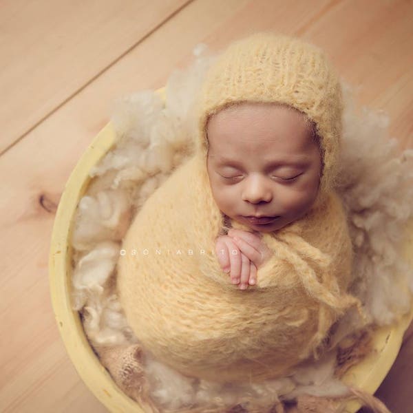 Newborn classic knit bonnet and matching wrap Baby boy/girl photo prop super soft and fuzzy yarn yellow beige cream denim  soft baby wrap