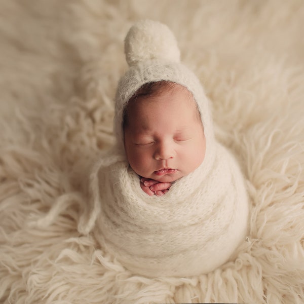 Newborn pom pom bonnet and matching chunky fluffy wrap Baby boy/girl photo prop super soft and fuzzy off white yellow sea foam denim