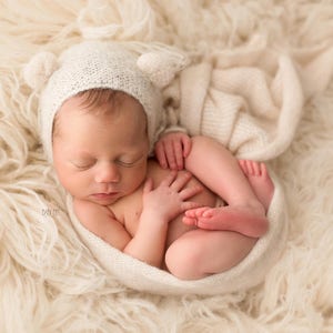 Knit alpaca bear bonnet and matching alpaca wrap Newborn photo prop preorder 29 colours