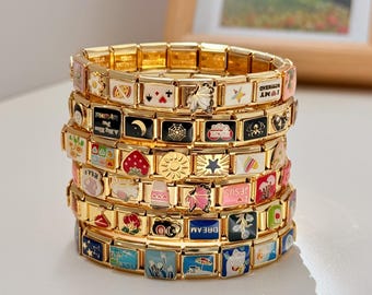 Pulsera italiana de oro personalizada con dijes, dijes italianos esmaltados, pulsera apilable hecha a mano, regalo de joyería de amistad