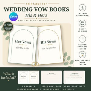 May include: Printable PDF wedding vow books titled His & Hers featuring two booklets with arch designs. The text reads Her Vows For the bride and His Vows For the groom. Includes lined vow pages and an anniversary note section for writing.