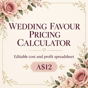 Puede incluir: Un gráfico digital que muestra el texto WEDDING FAVOUR PRICING CALCULATOR y Editable cost and profit spreadsheet en fuente de color granate oscuro. El diseño está enmarcado por líneas doradas y decorado con rosas rosas y hojas verdes.