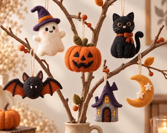 Decorazioni di Halloween in feltro ad ago fatte a mano, set di decorazioni spettrali in lana (7,5 cm)