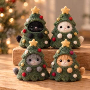May include: Four needle-felted cat figurines, each wearing a green Christmas tree costume topped with a yellow star. The cats are black, white, gray, and orange, with small paws visible. The tree costumes feature red and white felted ornaments.