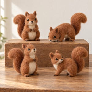 Peut inclure: Quatre figurines d'écureuils en laine feutrée à l'aiguille, de couleur marron et crème. Deux écureuils sont debout, tandis que deux autres sont à quatre pattes. Chaque écureuil possède une queue touffue, des yeux sombres et un petit nez.