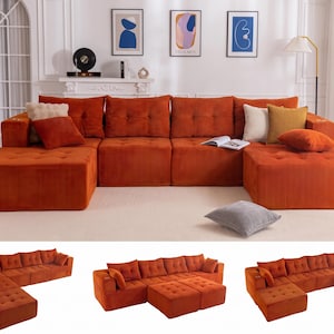 May include: A modular orange corduroy sectional sofa featuring tufted seat cushions and backrests. The set includes multiple square throw pillows in cream, mustard yellow, and orange, with various configurations shown in the lower images.