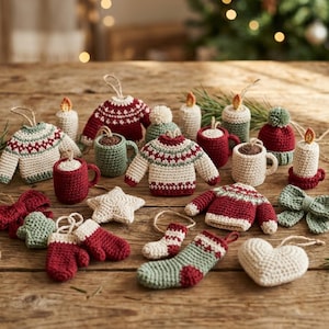 Pacchetto con motivo all'uncinetto con ornamento natalizio Scandi, 20 mini ornamenti Hygge, guanto per tazza maglione PDF