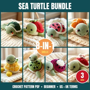 Peut inclure: Un modèle de crochet PDF pour un ensemble de tortues de mer avec huit motifs de carapace différents et trois tailles. L'image montre huit petites tortues de mer en crochet rembourrées avec des carapaces de couleurs variées, incluant rouge, jaune, orange et motifs pastèque, avec le texte 8-IN-1 SHELLS et 3 SIZES.