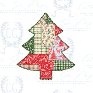 May include: A Christmas tree-shaped applique design featuring a patchwork of fabrics with red, green, and white patterns including plaid, holly berries, ribbons, and a deer silhouette, all outlined with a dark green zigzag embroidery stitch.