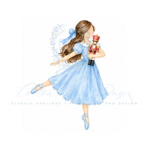 May include: A watercolor illustration of a figure with long brown hair tied with a blue ribbon, wearing a light blue dress and matching ballet slippers. The figure is in a dancing pose, holding a small red, white, and black nutcracker doll.