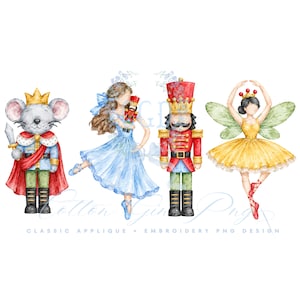 May include: A watercolor illustration featuring a mouse king in a red cape and gold crown, a girl in a blue dress holding a nutcracker, a red and gold nutcracker soldier, and a fairy with green wings and a yellow tutu, with text below.