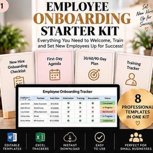 Può includere: Un kit di avvio per l'inserimento dei dipendenti con quattro modelli di documenti denominati New Hire Onboarding Checklist, First-Day Agenda, 30/60/90-Day Plan e Training Tracker, un foglio di calcolo Employee Onboarding Tracker e un badge dorato con la scritta 8 Professional Templates In One Kit.