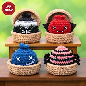 Halloween-dumplings virkmönster i PDF-format, 4-i-1 virkmönster för virala dumplings och ångkokare utan sömnad, kawaii-mat-amigurumi, enkelt Halloween-gör-det-själv