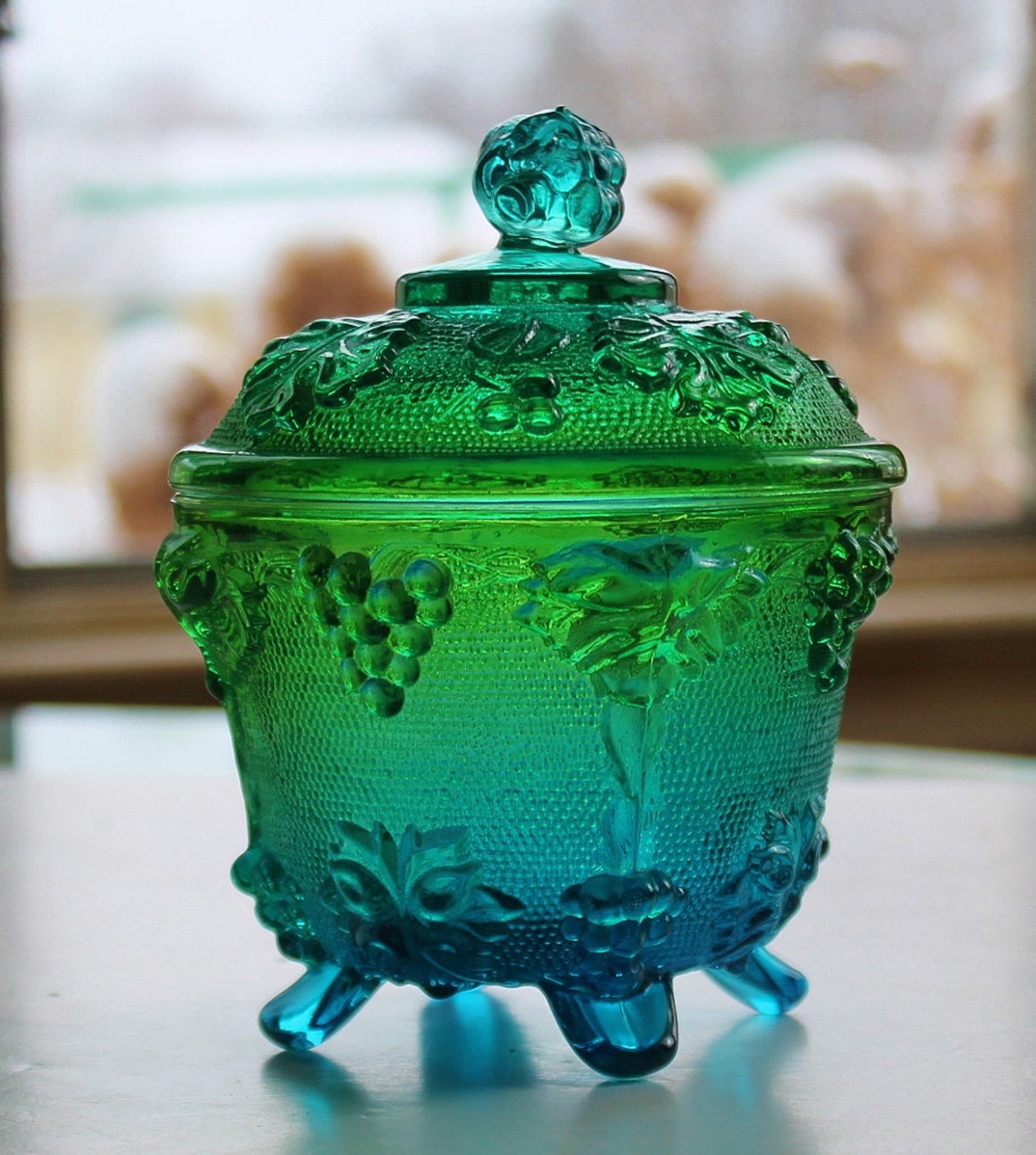 Vintage Luminescent Blue Green Glass Candy Dish Footed with Etsy