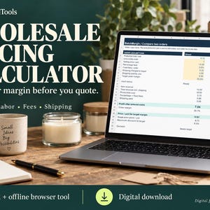 May include: A digital wholesale pricing calculator displayed on a laptop screen, featuring a spreadsheet interface with columns for direct and wholesale orders. The text reads BatchMarginTools, Wholesale Pricing Calculator, and Know your margin before you quote.