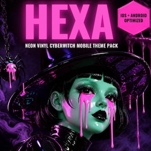 Puede incluir: Un gráfico digital con el texto HEXA, NEON VINYL CYBERWITCH MOBILE THEME PACK e IOS + ANDROID OPTIMIZED. La imagen muestra una figura estilizada con piel verde menta, cabello negro y un sombrero de ala ancha, con líquido rosa brillante goteando de los ojos.