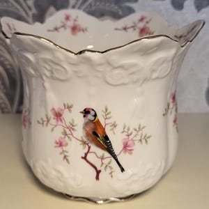 Peut inclure: Un cache-pot en porcelaine blanche avec un bord festonné et une finition dorée. L'extérieur présente un motif floral délicat avec des fleurs roses et une illustration détaillée d'un chardonneret posé sur une branche, sur un relief.