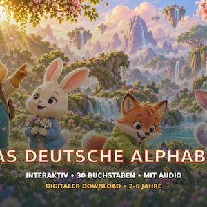 Könnte beinhalten: Ein digitales Poster mit dem Titel DAS DEUTSCHE ALPHABET zeigt einen Bären, einen Hasen, einen Fuchs und eine Katze in einer Fantasielandschaft mit Wasserfällen. Der Text umfasst INTERAKTIV, 30 BUCHSTABEN, MIT AUDIO und 2-6 JAHRE.