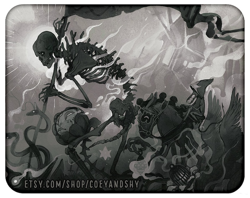 May include: A black and white illustration of a skeletal figure holding a flag, with a snake and other figures in the background. The text "ETSY.COM/SHOP/COEYANDSHY" is at the bottom of the image.