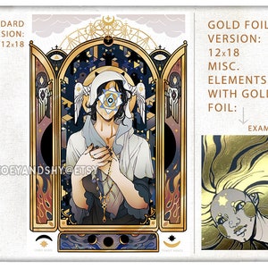 May include: A digital illustration of a person wearing a white hood and wings, holding a rosary. The person's face is obscured by a large, blue eye with a star inside. The background is a dark, geometric pattern with gold accents. The text "STANDARD VERSION: 12x18" is in the top left corner. The text "GOLD FOIL VERSION: 12x18 MISC. ELEMENTS WITH GOLD FOIL: EXAMPLE:" is in the top right corner. A small image of a person with gold foil accents is in the bottom right corner.