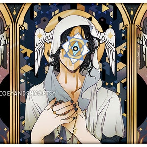 May include: A digital illustration of a person with long black hair wearing a white hooded robe and a geometric mask. The person is holding their hands together in prayer. The background is a dark blue and gold geometric pattern.