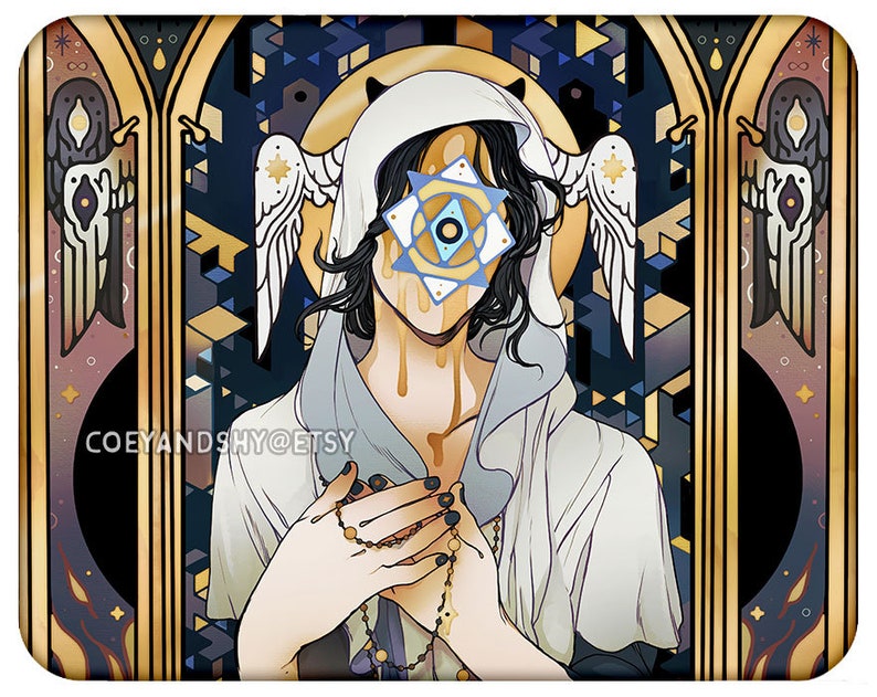 May include: A digital illustration of a person with long black hair wearing a white hooded robe and a geometric mask. The person is holding their hands together in prayer. The background is a dark blue and gold geometric pattern.