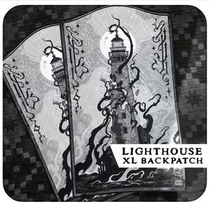 May include: Monochrome illustration of a lighthouse with intricate detailing. The lighthouse is set against a bright circular backdrop, with dark, swirling patterns. The text "LIGHTHOUSE XL BACKPATCH" is displayed on a white banner.