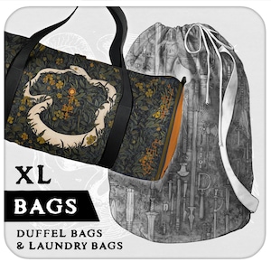 May include: Two extra-large bags, one black with a floral pattern and a white trim, and one white with a black and white pattern of swords and other weapons. The text "XL BAGS DUFFEL BAGS & LAUNDRY BAGS" is printed on the image.