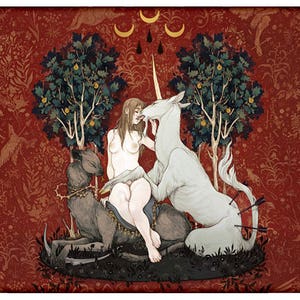 May include: A woman with long brown hair sits on a white unicorn with a horn. The unicorn is surrounded by arrows. The woman is nude and has her arm around the unicorn's neck. The background is a red floral pattern.