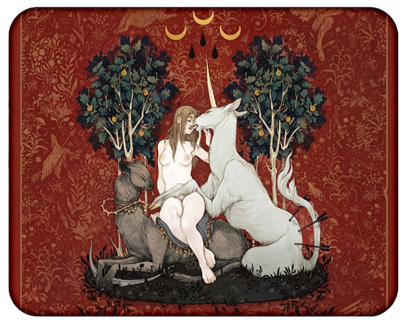 May include: A woman with long brown hair sits on a white unicorn with a horn. The unicorn is surrounded by arrows. The woman is nude and has her arm around the unicorn's neck. The background is a red floral pattern.