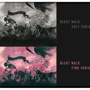 May include: Two versions of a fantasy art print, one in grey tones and one in pink tones. Both prints feature a skeletal figure holding a banner, a raven, and a pack of wolves. The text "NIGHT WALK" is displayed in white on a black background, with the words "GREY VARIANT" and "PINK VARIANT" below.