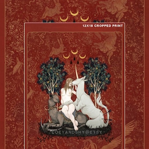May include: A digital art print featuring a woman with a unicorn and a deer in a forest setting. The print is available in two sizes: 18x24 inches and 12x18 inches. The smaller print is a cropped version of the larger print. The text "COEYANDSHY@ETSY" is included in the image.