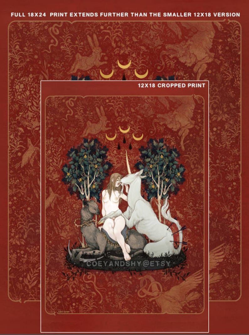 May include: A digital art print featuring a woman with a unicorn and a deer in a forest setting. The print is available in two sizes: 18x24 inches and 12x18 inches. The smaller print is a cropped version of the larger print. The text "COEYANDSHY@ETSY" is included in the image.
