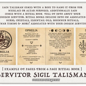 Puede incluir: Una ilustraci&oacute;n digital de un talism&aacute;n de sigilo de servitor con una imagen en blanco y negro de una criatura parecida a un lobo. La imagen incluye texto que dice "Servitor Sigil Talisman" y "Ophelia" con una descripci&oacute;n de los poderes del servitor y los cristales, hierbas y aceites asociados.