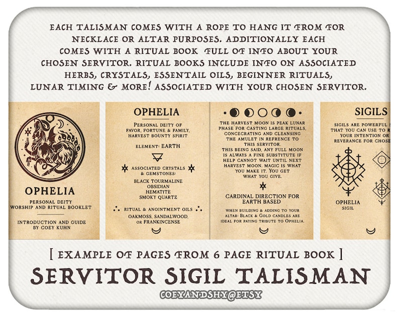 Puede incluir: Una ilustraci&oacute;n digital de un talism&aacute;n de sigilo de servitor con una imagen en blanco y negro de una criatura parecida a un lobo. La imagen incluye texto que dice "Servitor Sigil Talisman" y "Ophelia" con una descripci&oacute;n de los poderes del servitor y los cristales, hierbas y aceites asociados.